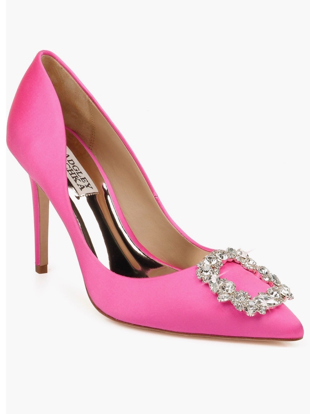 Badgley Mischka Crystal Embellished Hot Pink Satin Pointed-Toe Pump. Size 8.5